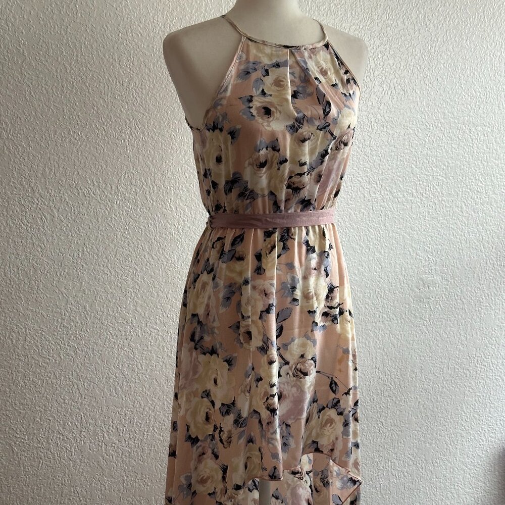 January 7 Floral High-Low Halter Dress with Waist Tie - Small - Picture 3 of 9